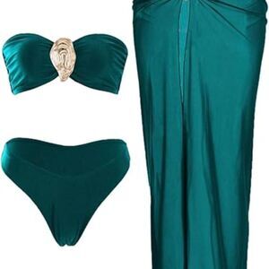 Women's Strapless Bandeau Swimsuits High Waisted Bikini Sets with Beach Sarong S